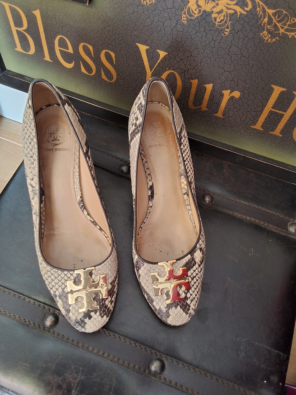 Tory Burch Beige Snake-Print Logo Flats